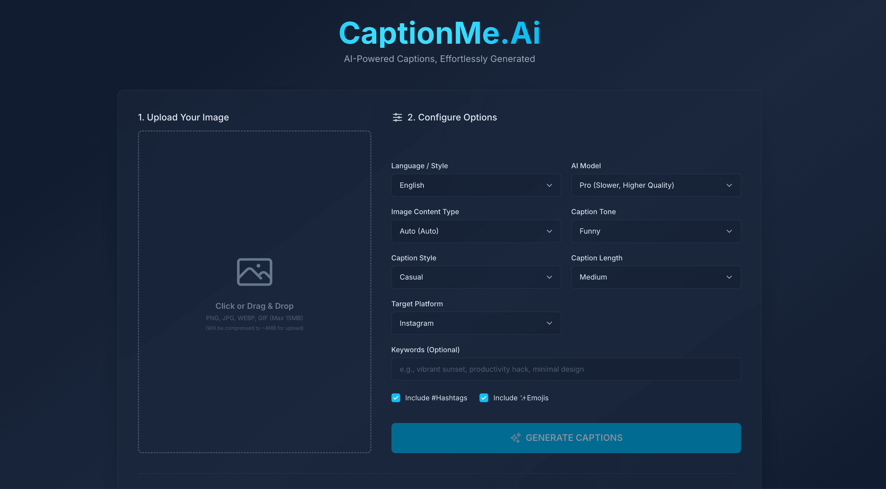 CaptionMe.AI - AI caption generator for images. - Built with React JS, Node.js, GEN AI, Tailwind CSS